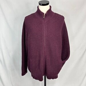 LL Bean Mens XL Full Zip Sweater Burgundy Organic Cotton Waffle Knit Rustic